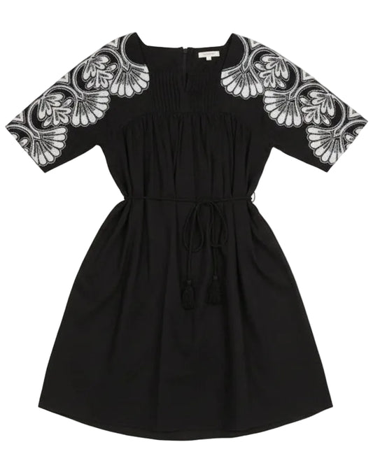 Front view of Black Applique short Dress Pintuck front detail