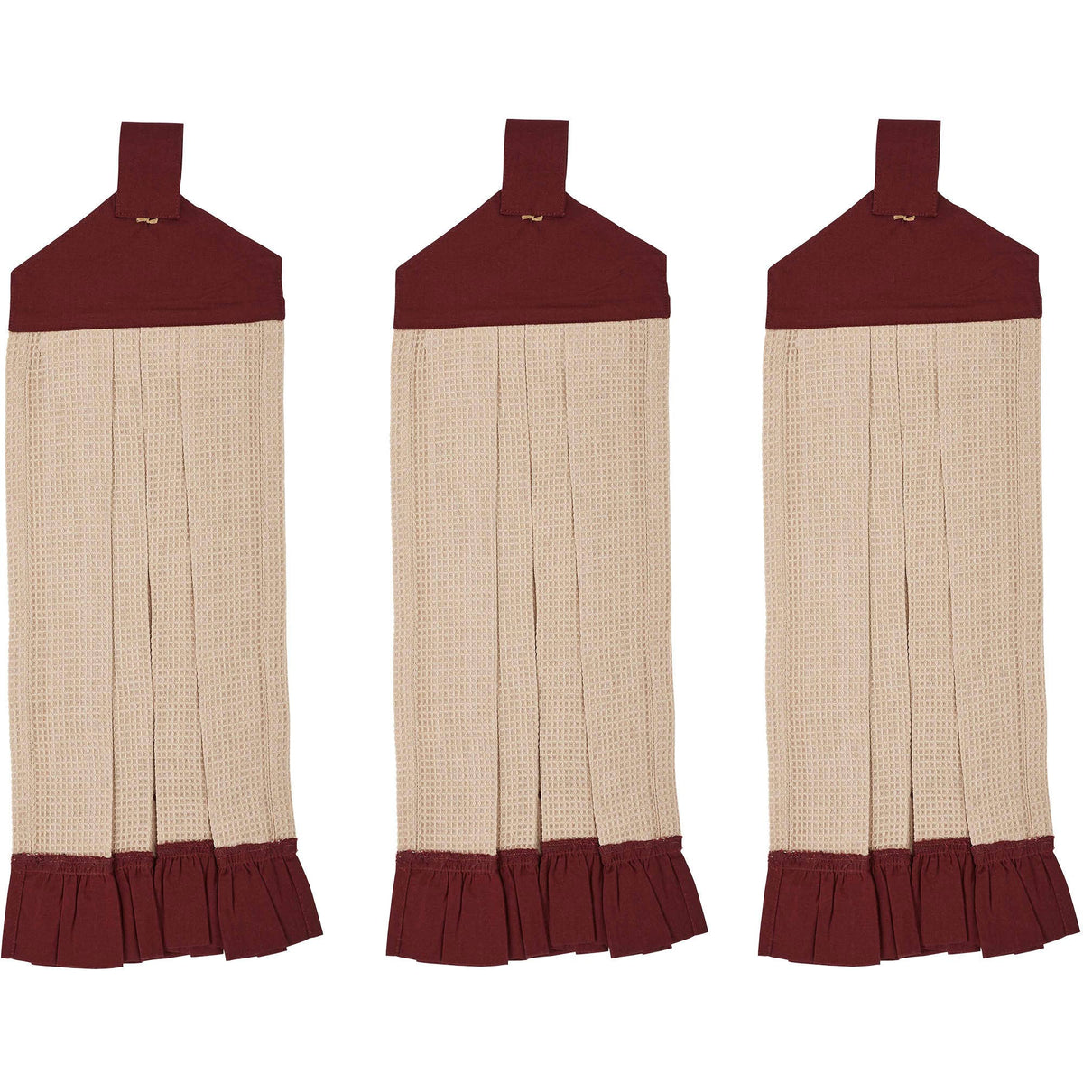 Back view of Connell cream kitchen towels with burgundy hanging loops and ruffled hems.
