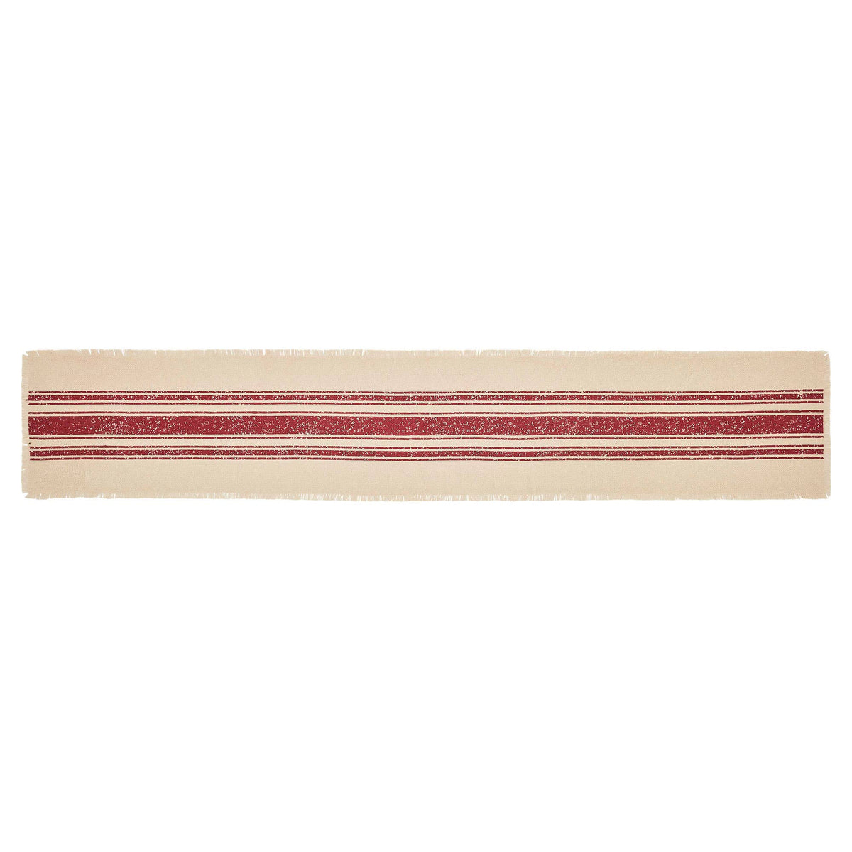 Full-length front view of the Yuletide cream table runner with deep red grainsack stripes.