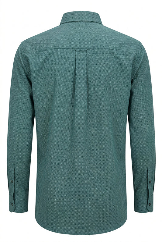 Back view of Wrangler George Strait Moss Green patterned shirt with a center box pleat and button cuffs