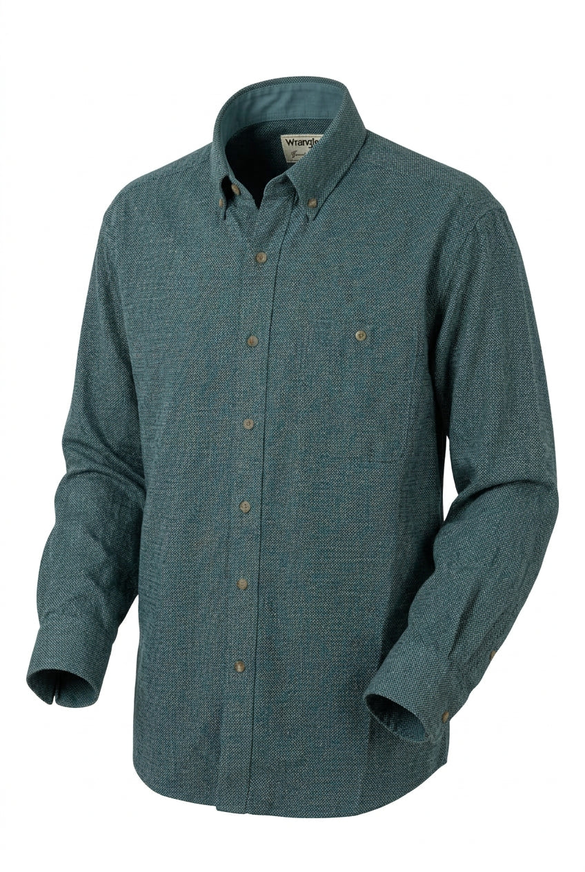 Wrangler George Strait Moss Green patterned long sleeve shirt with a button-down collar and single chest pocket