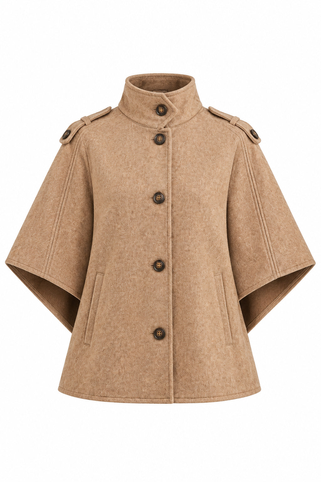 Toffee colored cape jacket with dark buttons photographed against a clean white studio background.