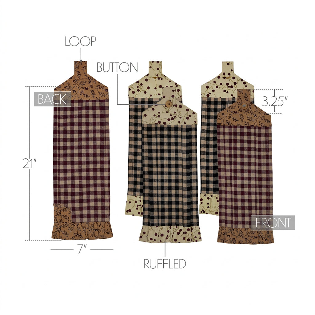 Pip Vinestar kitchen towel size guide showing 21 by 7-inch dimensions, button loops, and ruffled hems.
