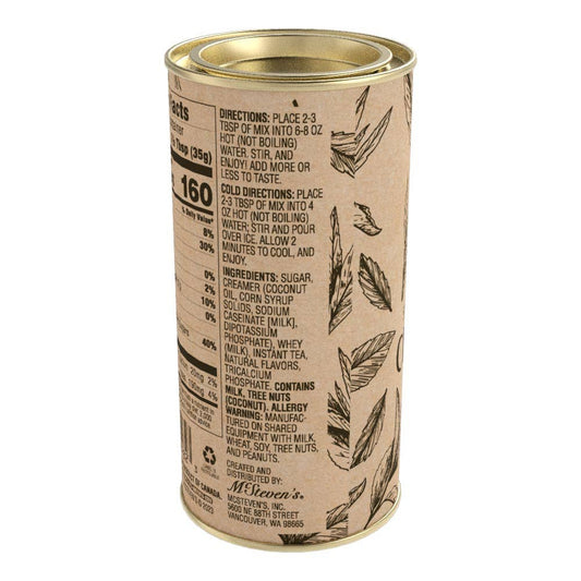 Sweet & Spiced Chai Tea Latte Mix tin showing hot and iced preparation directions, ingredients, and allergen information