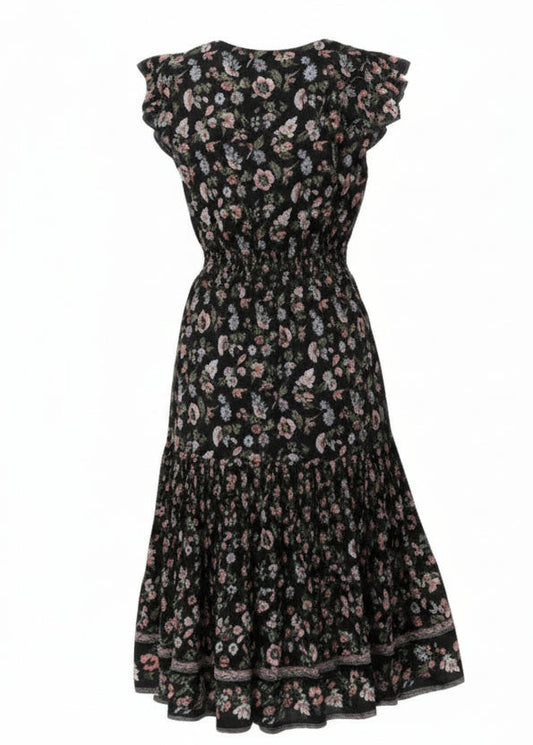Back view of V Neck Cap Sleeve Tiered Dress