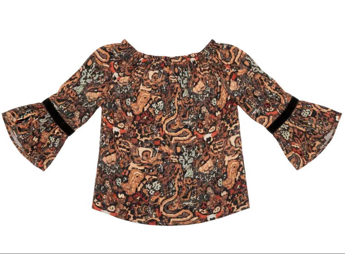 back of Bell Sleeve Cowboy Print Top