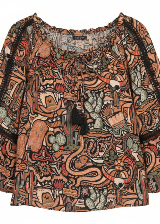 Bell Sleeve Cowboy Print Top