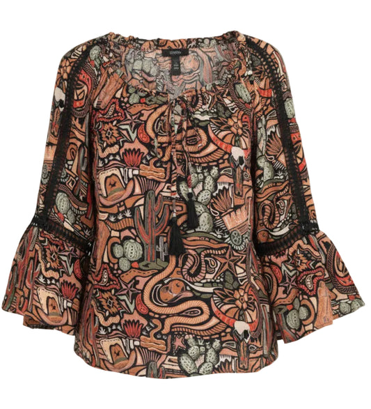 Bell Sleeve Cowboy Print Top