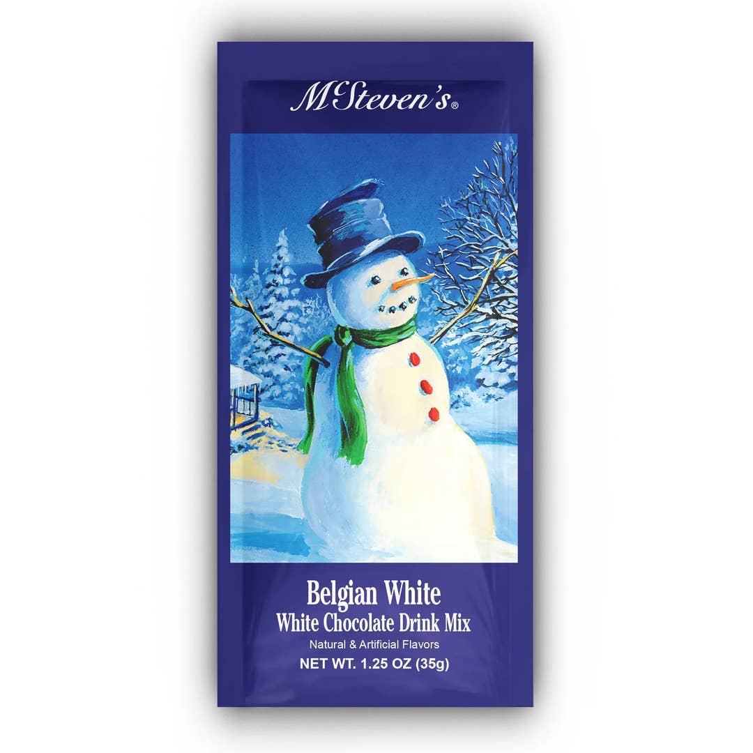 McSteven’s Belgian White Hot Chocolate 1.25 oz blue packet featuring a snowman with a green scarf in a snowy winter scene
