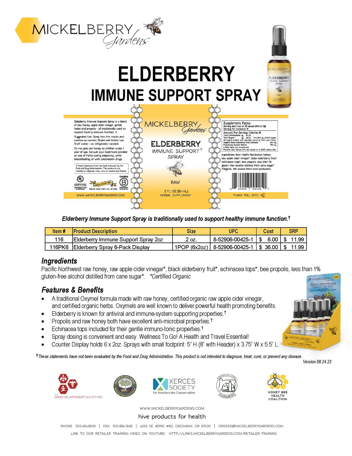 Mickelberry Gardens Elderberry Immune Support Spray product sheet with ingredients, label, and serving directions