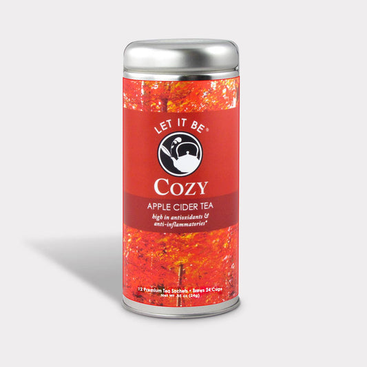 Let It Be Cozy Apple Cider Herbal Tea tin with red autumn leaf label and 12 tea sachets