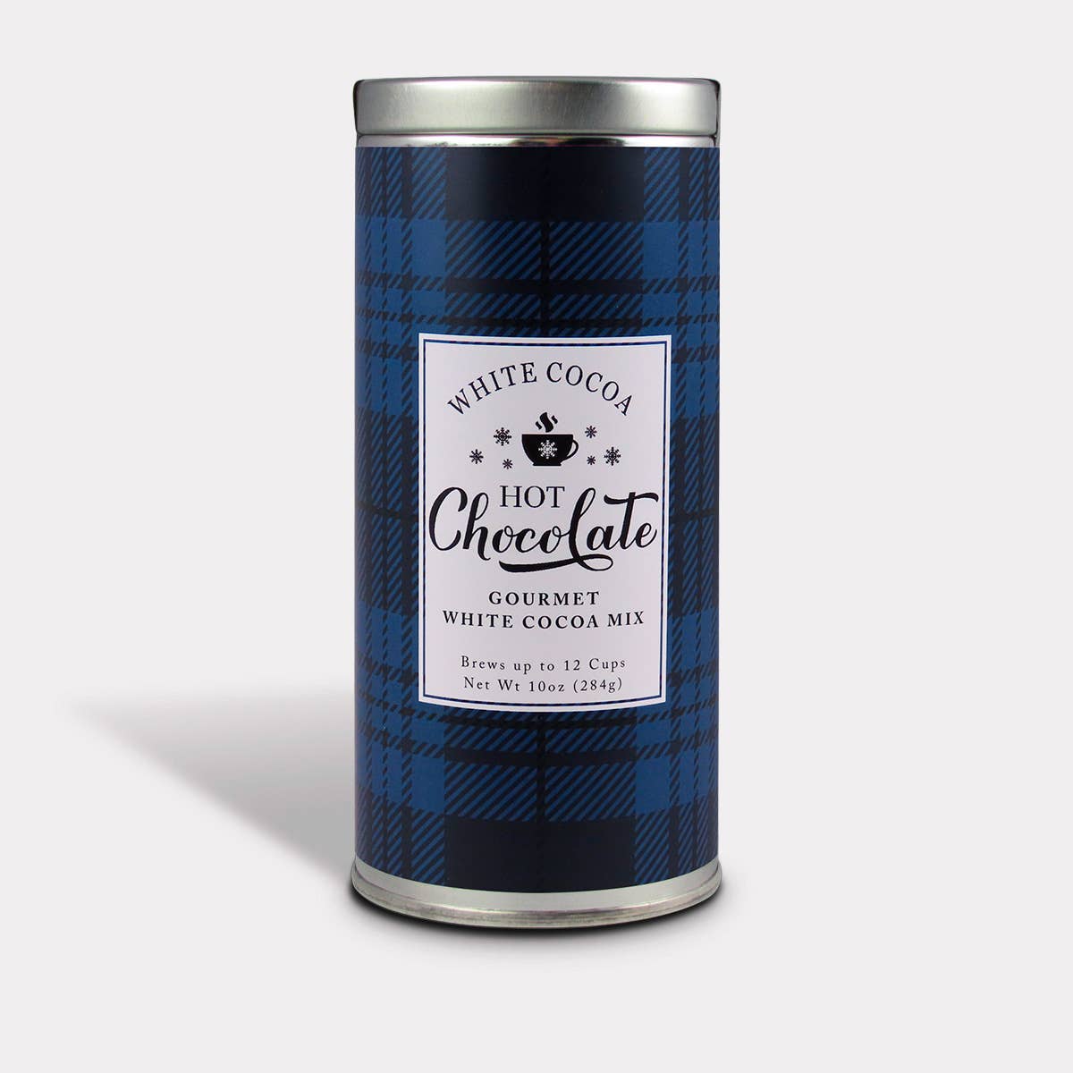 White Cocoa Hot Chocolate mix in a blue tartan plaid tin with a silver lid