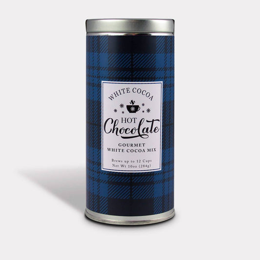 White Cocoa Hot Chocolate mix in a blue tartan plaid tin with a silver lid