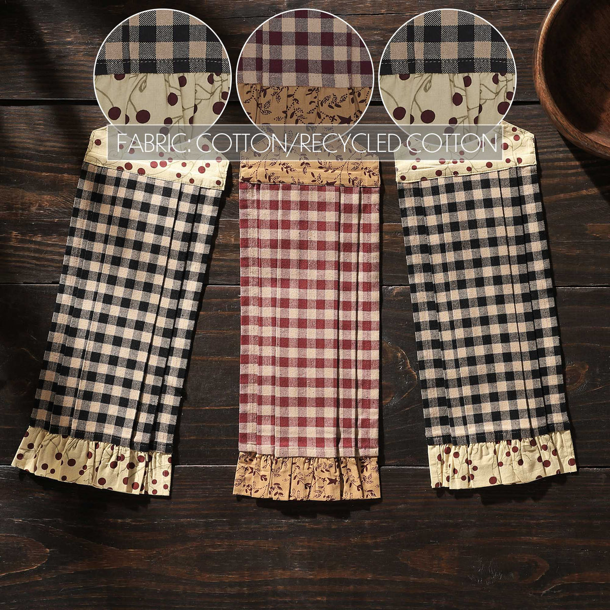 Pip Vinestar checked kitchen towels with close-ups of the cotton fabric and coordinating printed trim.