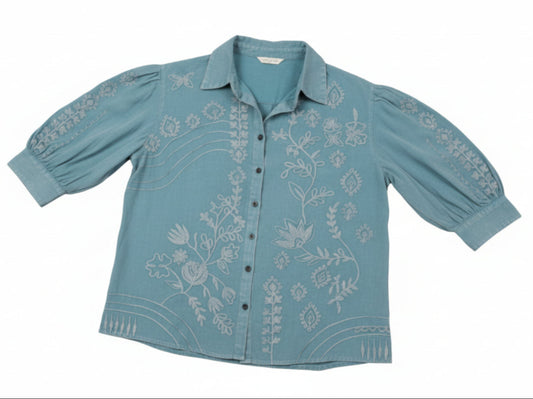 Nile Blue Embroidered Button Top with 3/4 Sleeve front view