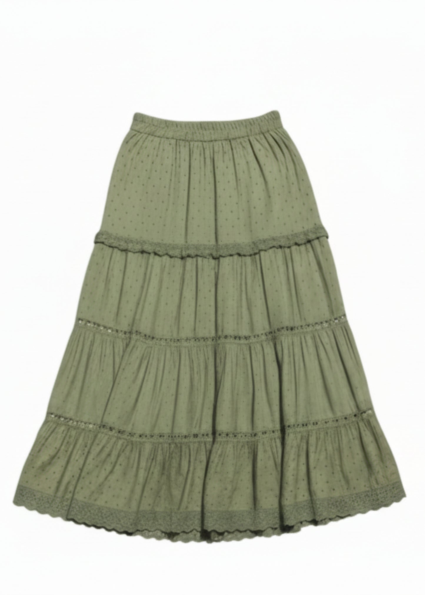 back view of olive eyelet skirt