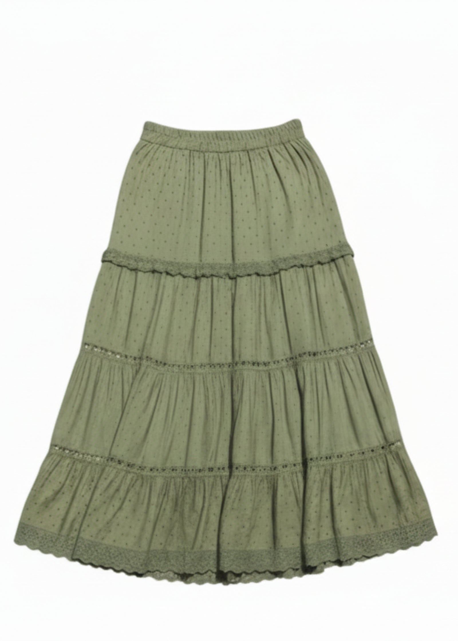 back view of olive eyelet skirt