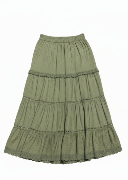 back view of olive eyelet skirt