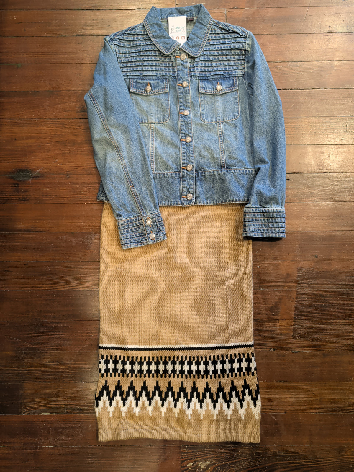 Light brown Fair Isle knit skirt with patterned hem, styled with a light blue denim jacket.