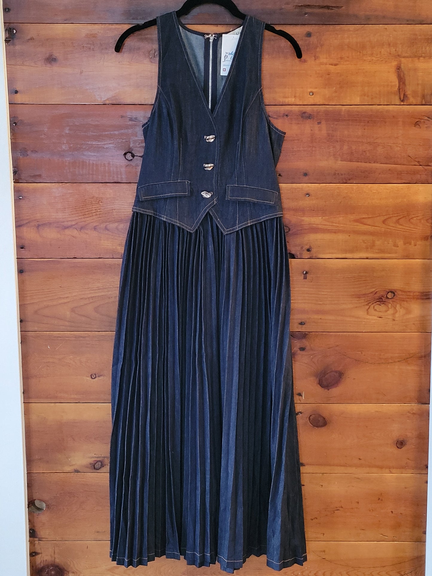 Denim VNeck Buttoned Vest Pleated Dress - White Owl Creek Boutique