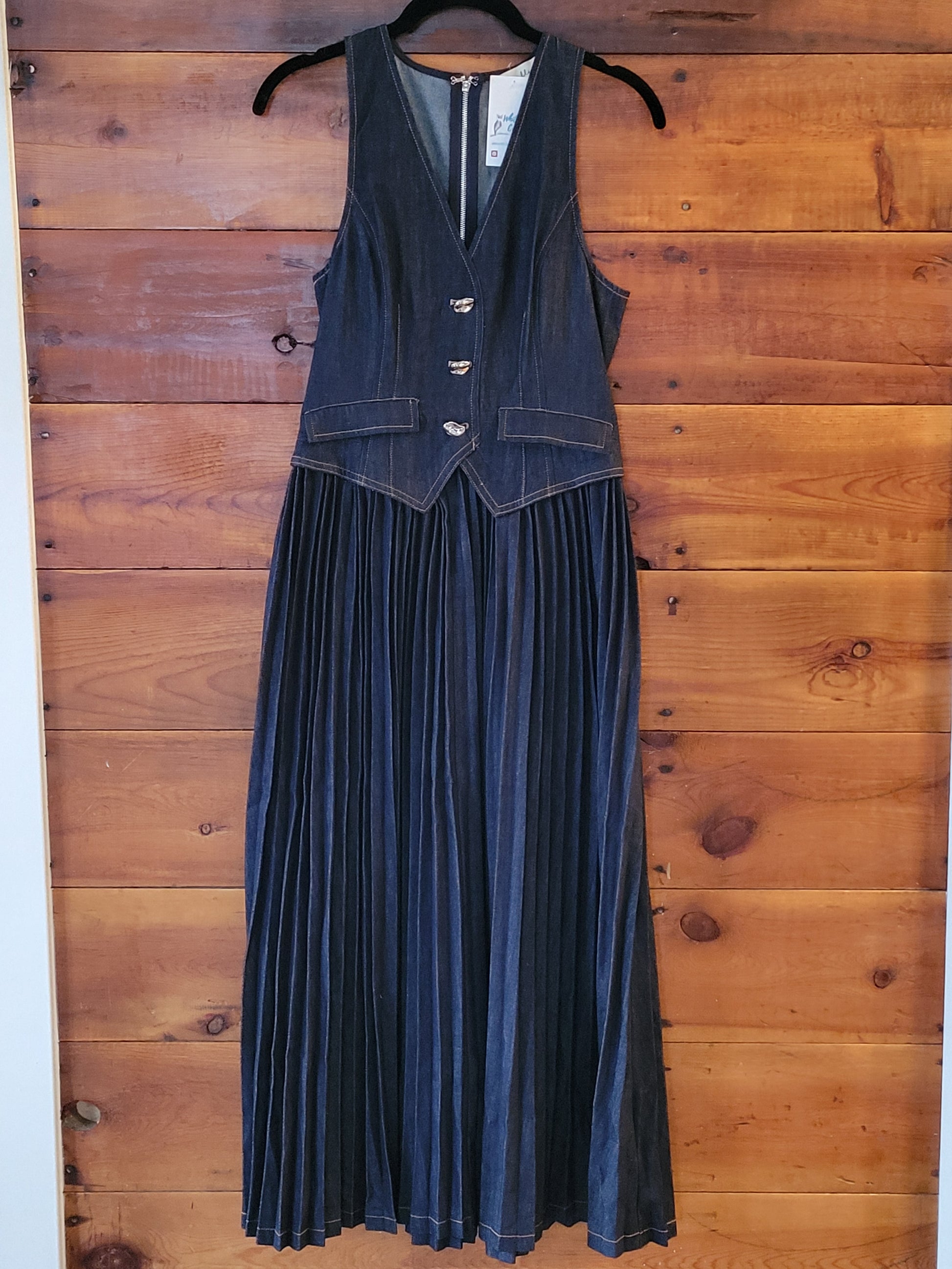 Denim VNeck Buttoned Vest Pleated Dress - White Owl Creek Boutique