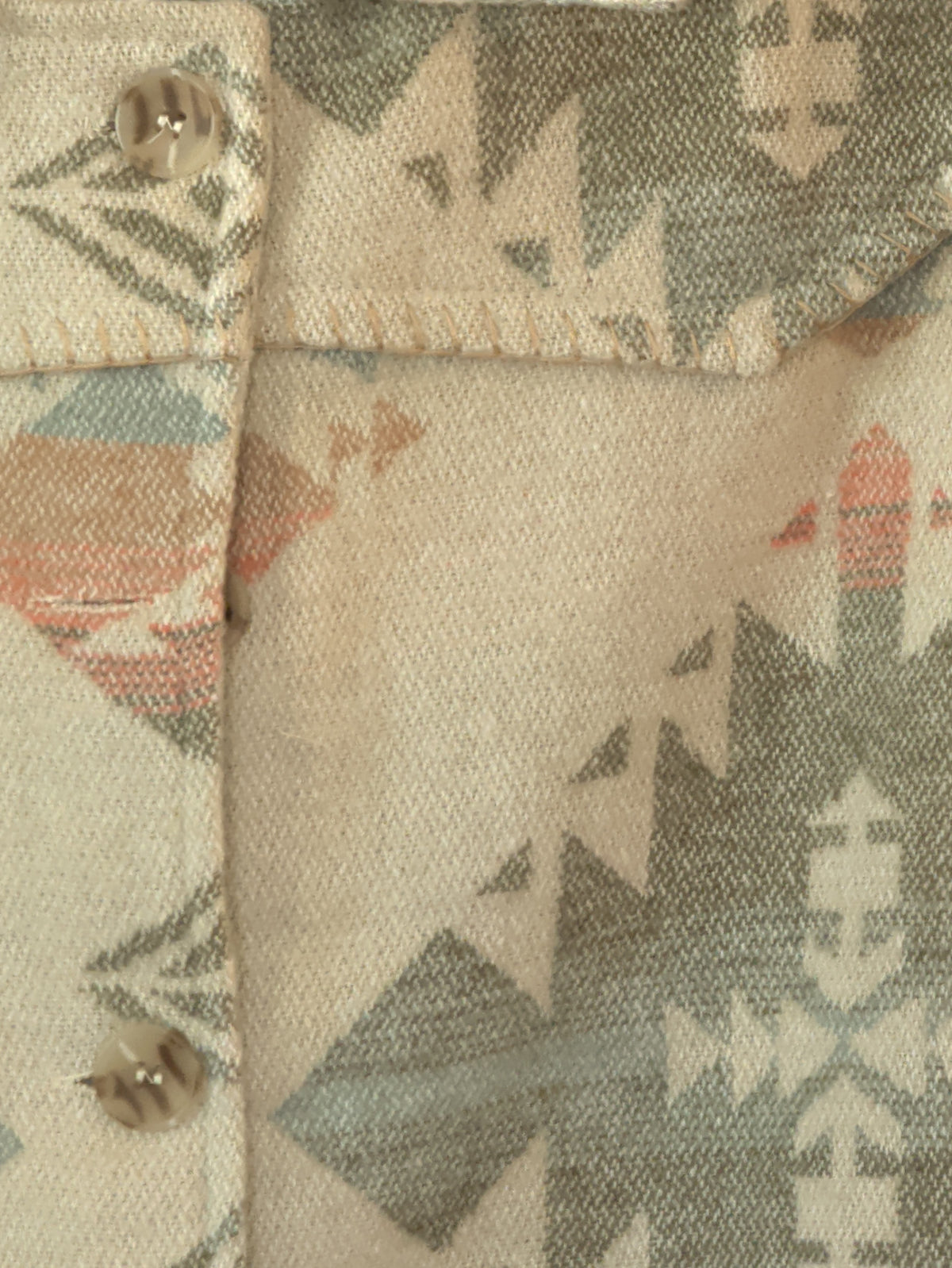 Close-up of the Southwestern print coat showing patterned buttons, textured fabric, and front yoke detailing