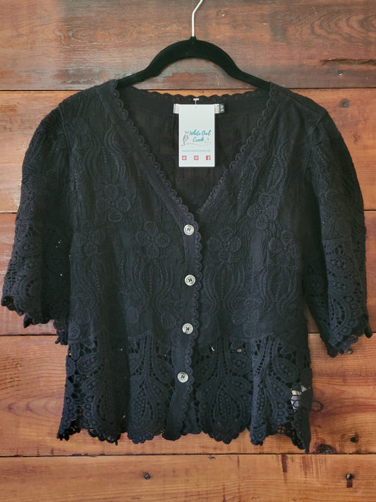 Scalloped Lace Short Sleeve Cardigan - White Owl Creek Boutique