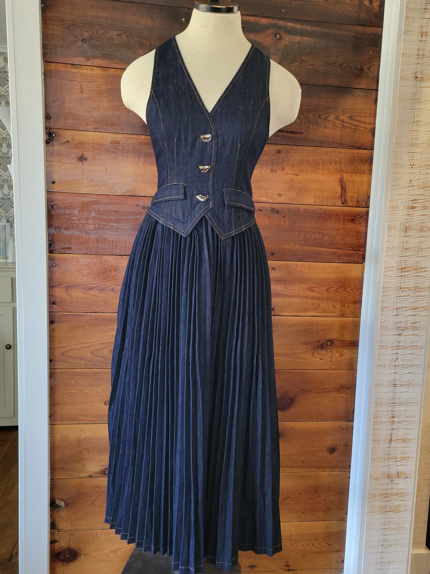 Denim VNeck Buttoned Vest Pleated Dress - White Owl Creek Boutique