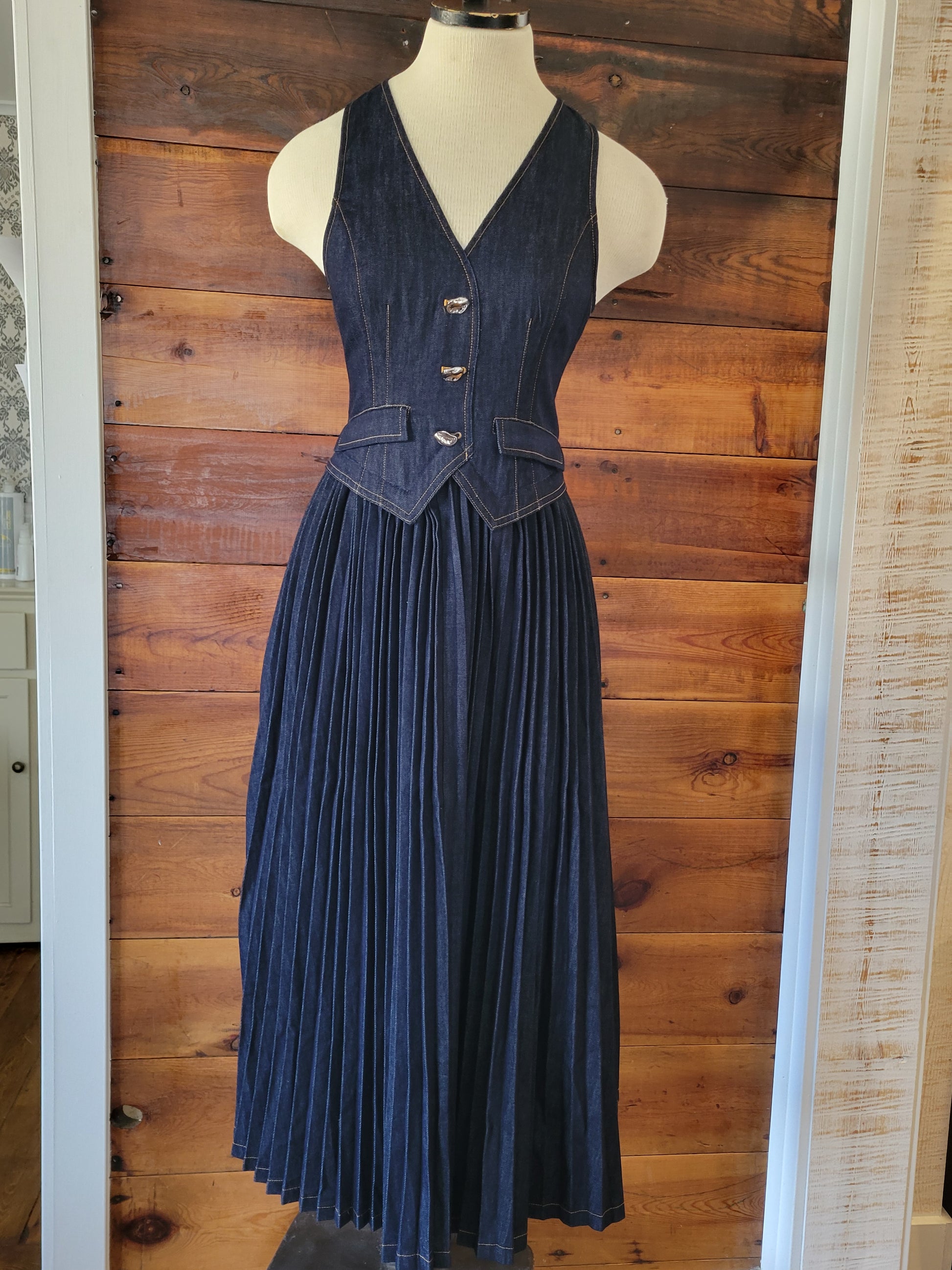 Denim VNeck Buttoned Vest Pleated Dress - White Owl Creek Boutique