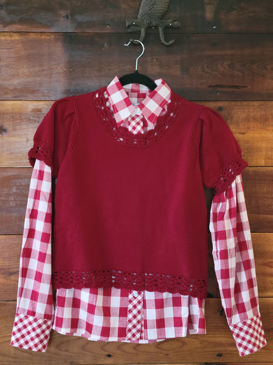 Short Sleeve Scallop Trim Puff Sleeve Sweater