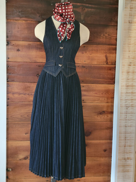 Denim VNeck Buttoned Vest Pleated Dress - White Owl Creek Boutique