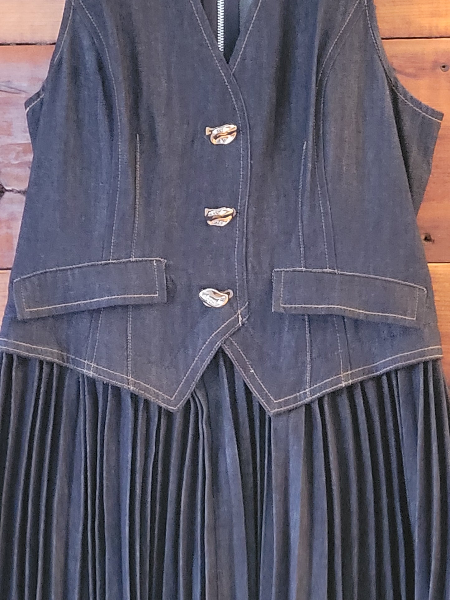 Denim VNeck Buttoned Vest Pleated Dress - White Owl Creek Boutique