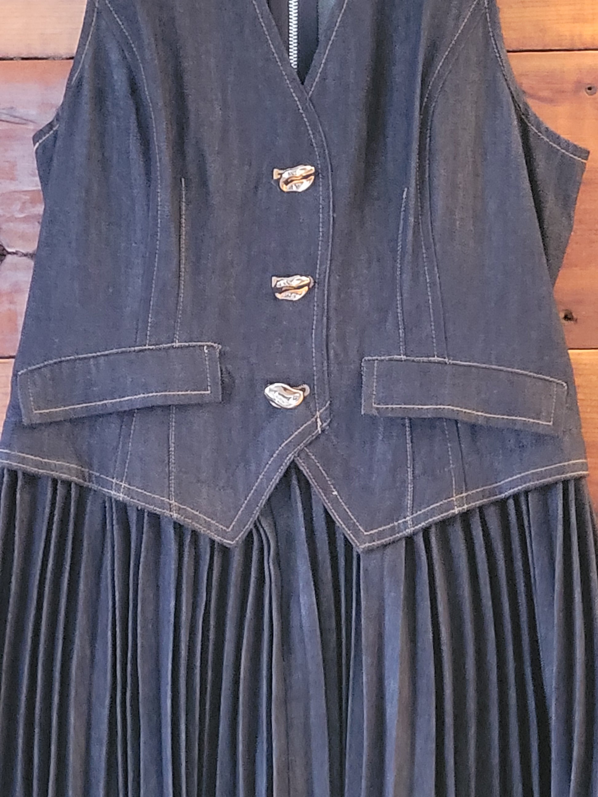 Denim VNeck Buttoned Vest Pleated Dress - White Owl Creek Boutique