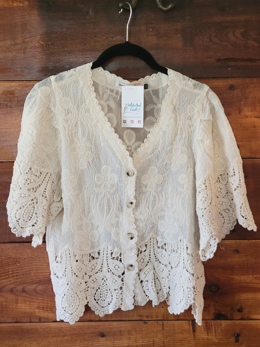 Scalloped Lace Short Sleeve Cardigan - White Owl Creek Boutique