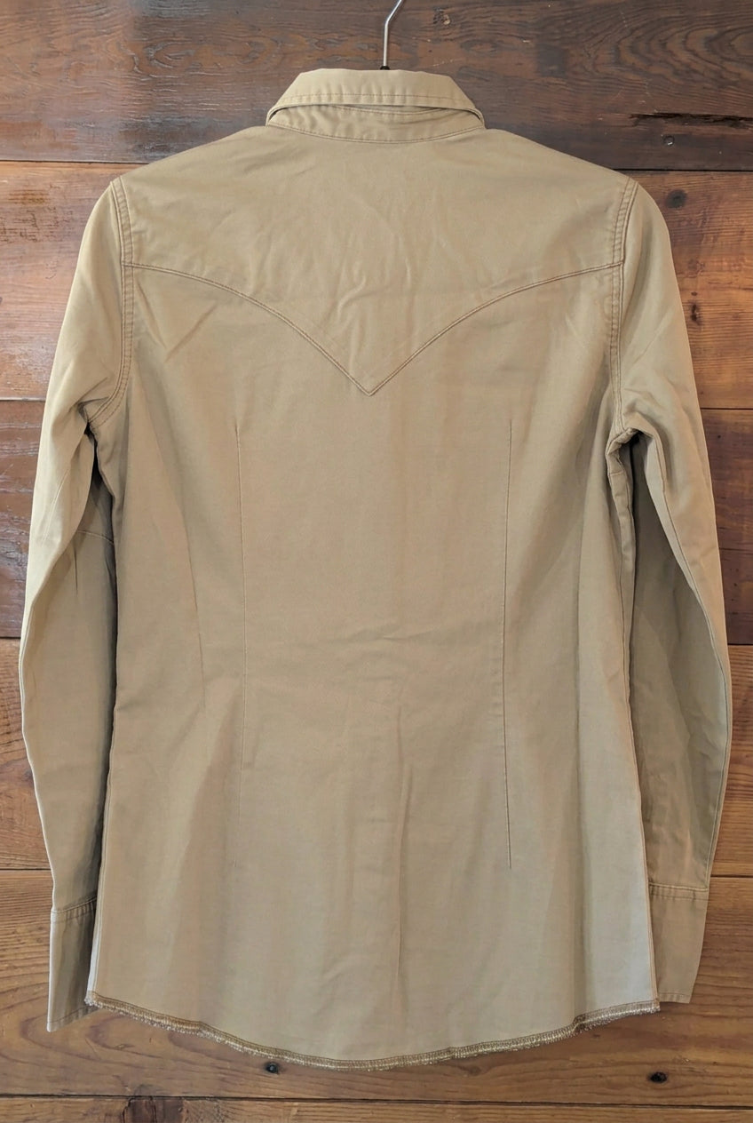  Back of Wrangler Rawhide Western shirt showing the pointed back yoke and curved hem.