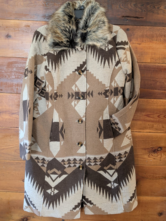  Women's long Southwestern print coat in cream, taupe, and brown with a faux fur collar and button front.