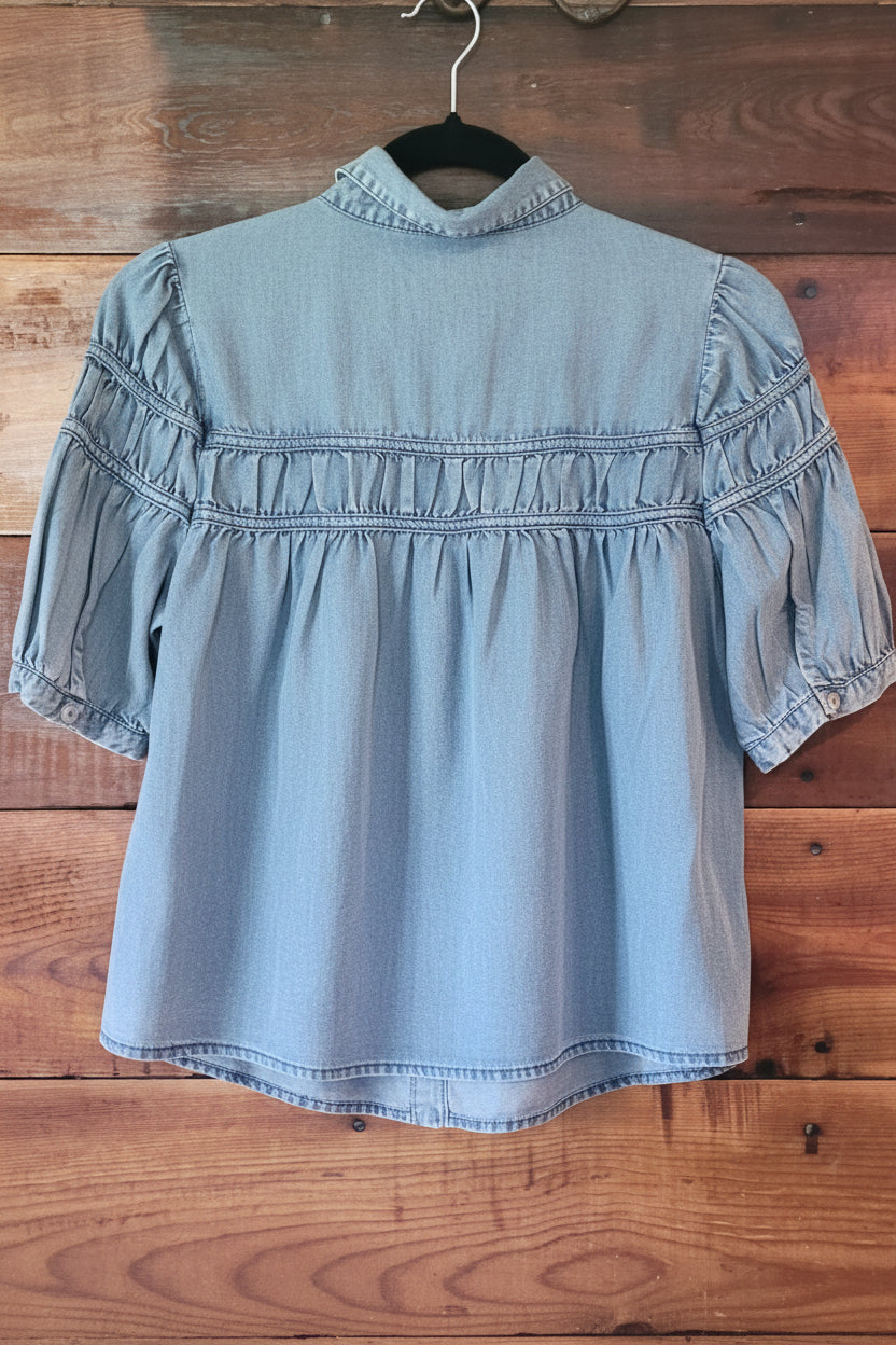 Back view of Tencel Pleated Top
