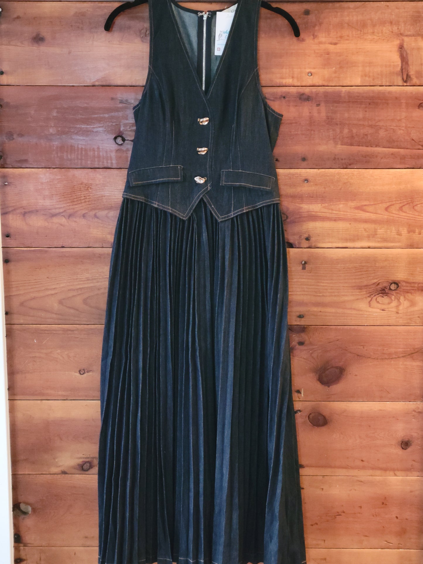 Denim VNeck Buttoned Vest Pleated Dress - White Owl Creek Boutique
