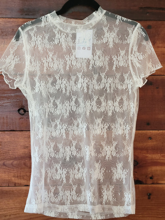 Ivory Lace Short Sleeve Mesh Top
