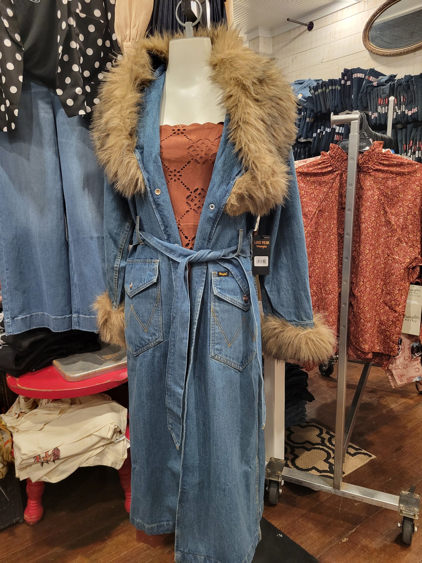 Wrangler Long Denim Fur Collar Coat
