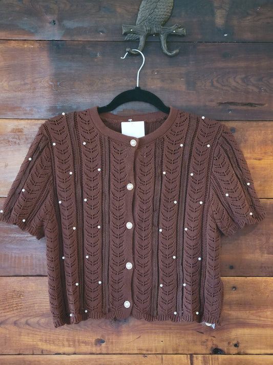 Pearl Embellished Short Sleeve Sweater