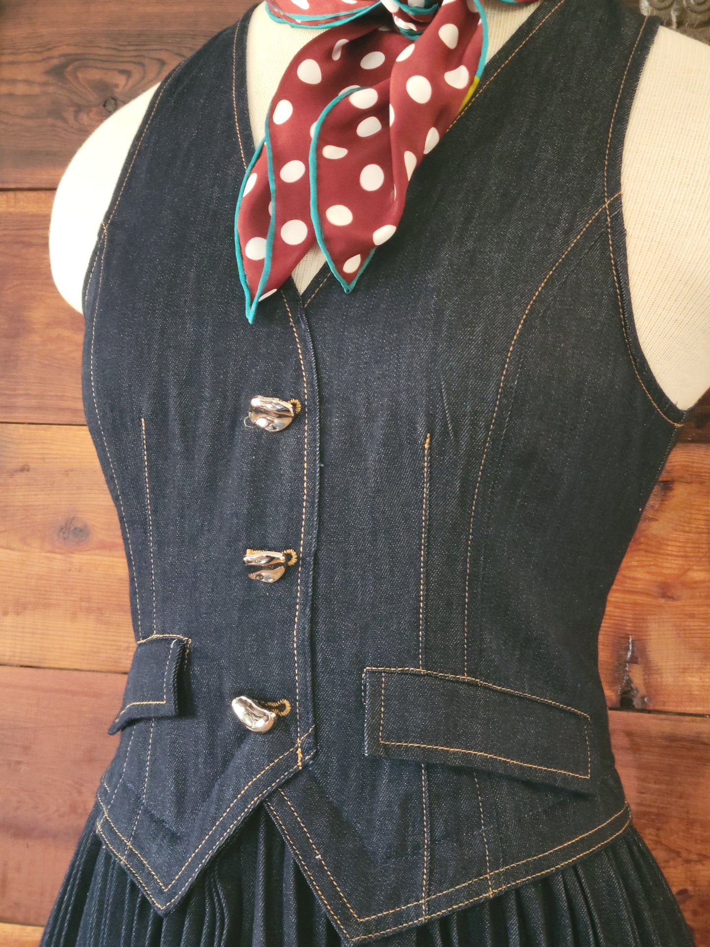 Denim VNeck Buttoned Vest Pleated Dress - White Owl Creek Boutique