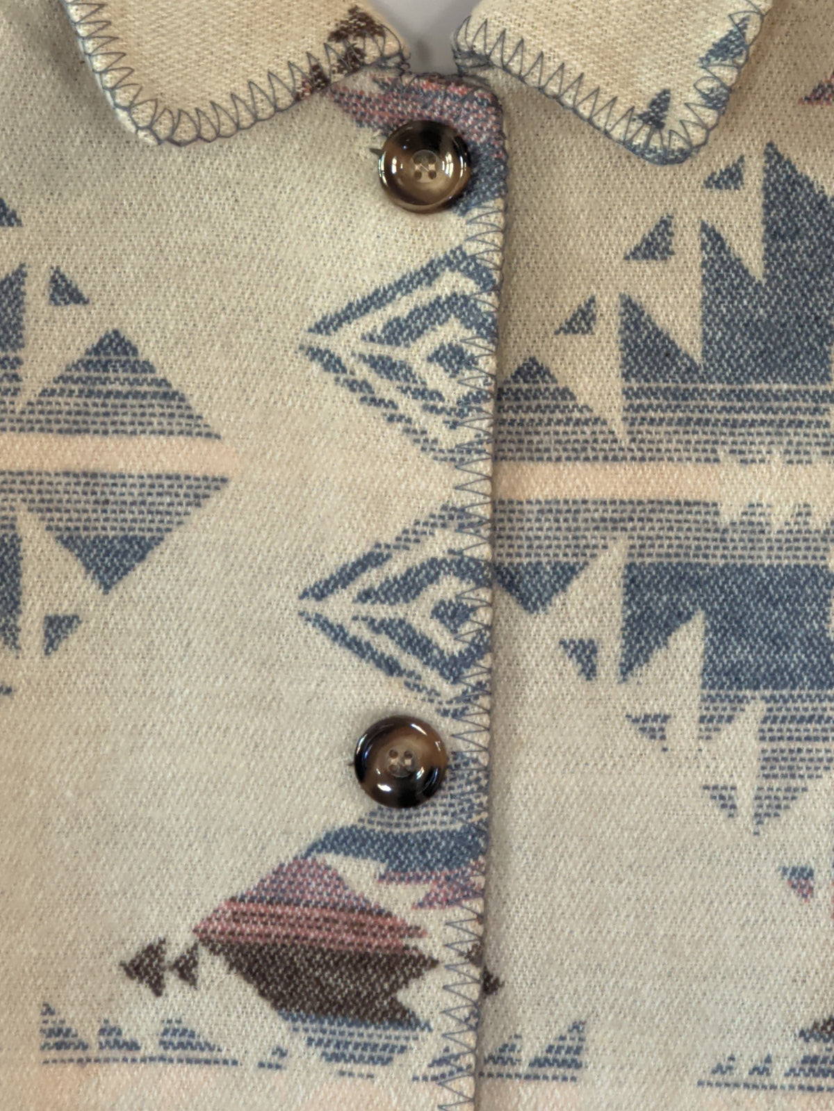 Close-up of the coat’s collar and brown buttons with decorative blanket stitching along the edges