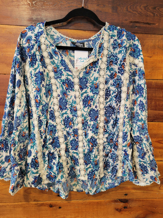 Blue White Floral Bell Sleeve