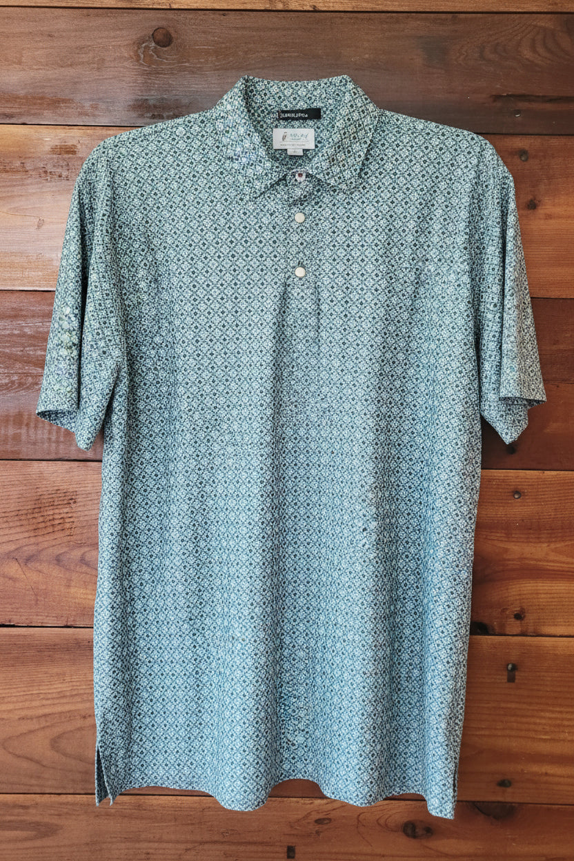 Blue patterned shirt on a wooden surface