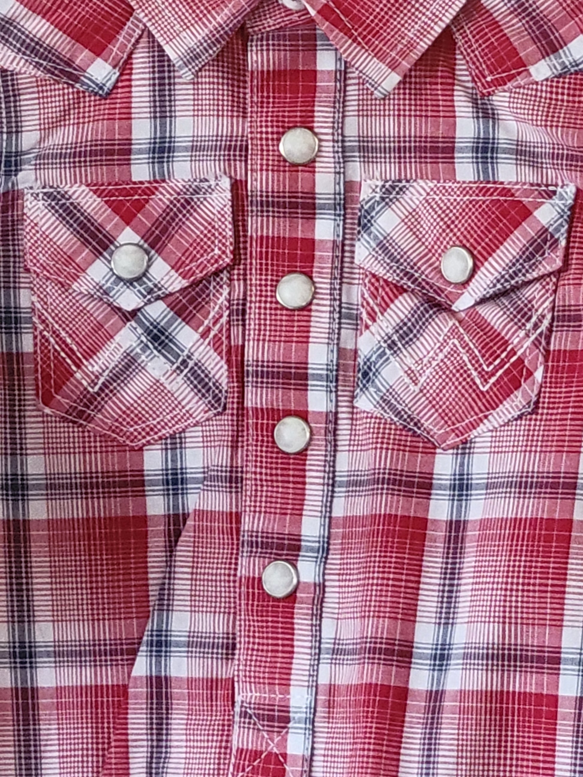 Close-up of a red and white plaid shirt with buttons