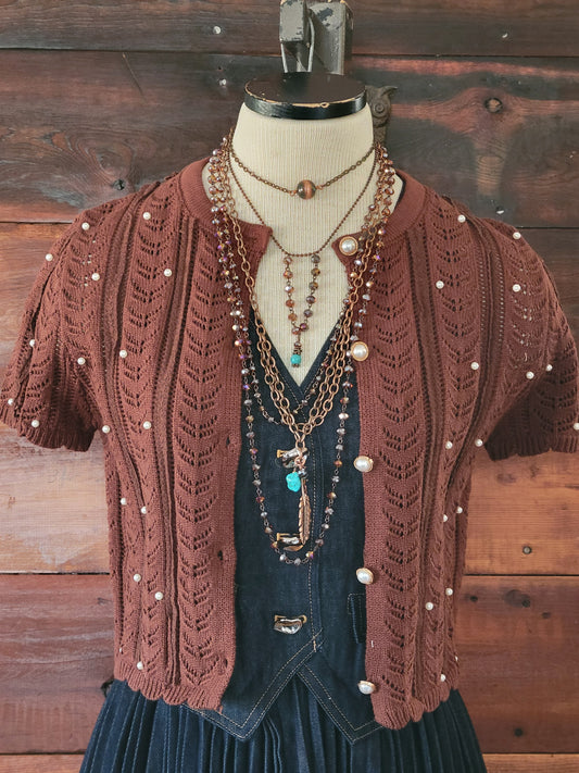 Pearl Embellished Short Sleeve Sweater