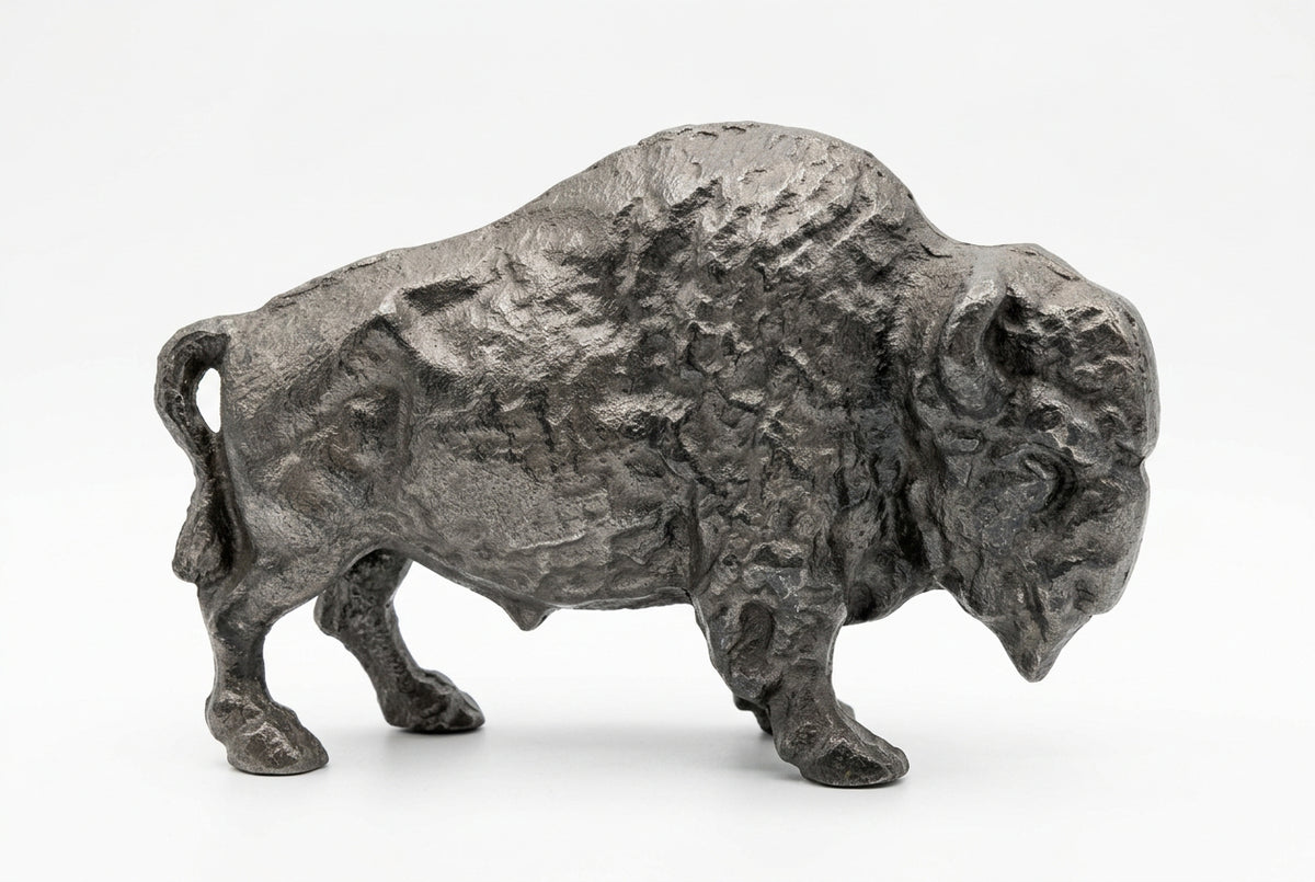 Cast iron buffalo door stop with sculpted fur detailing and a charcoal-black finish