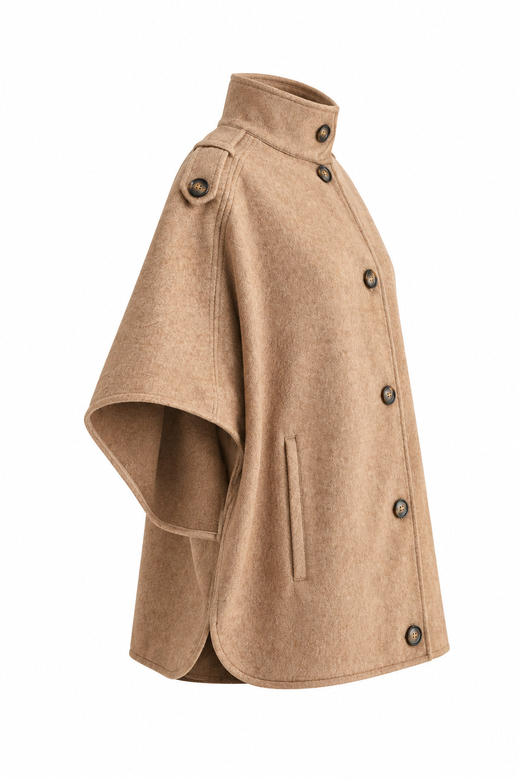 Side-View of a Toffee-colored cape-style coat with dark buttons, against a plain light gray background.