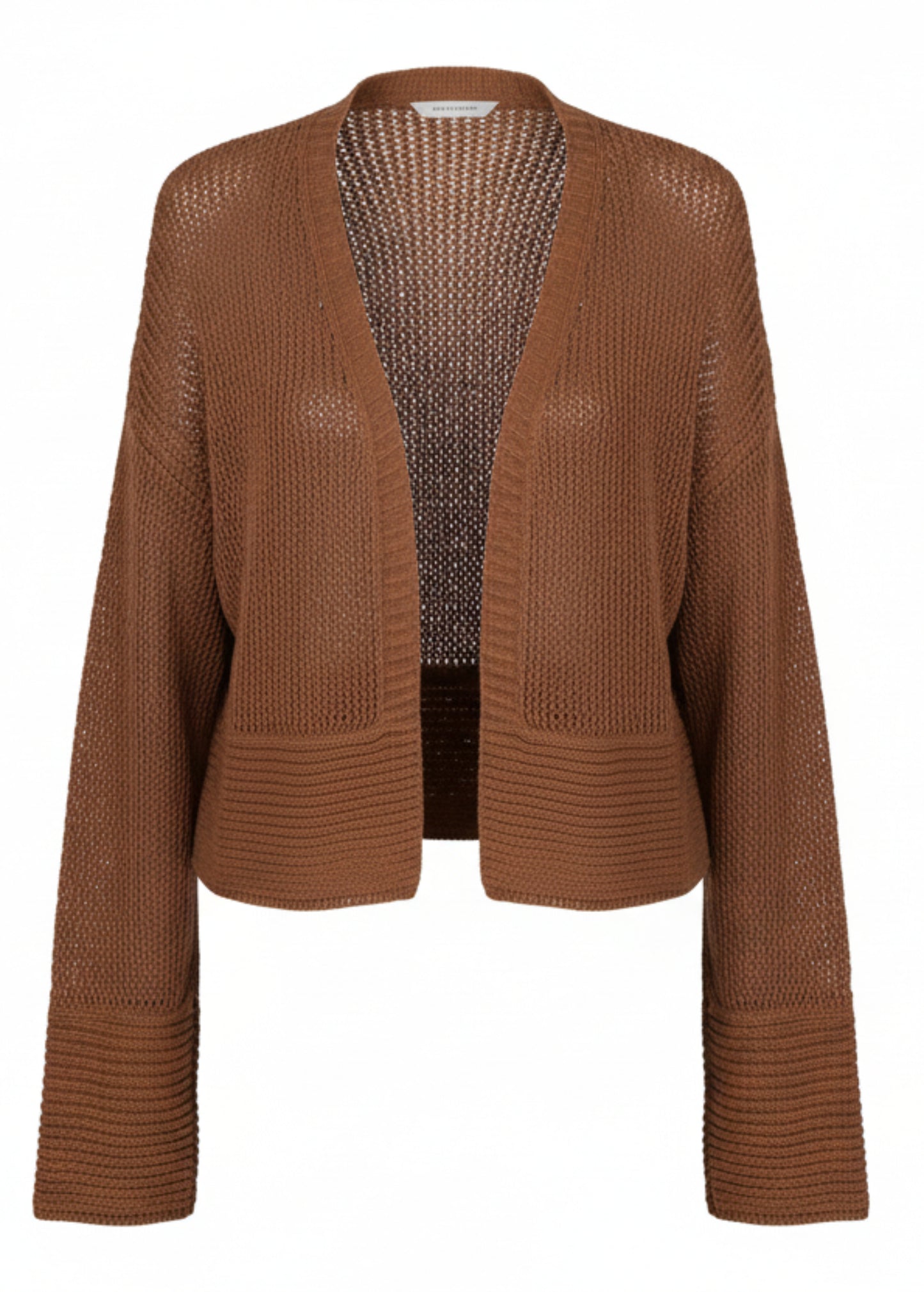  brown knitted cardigan on a plain background